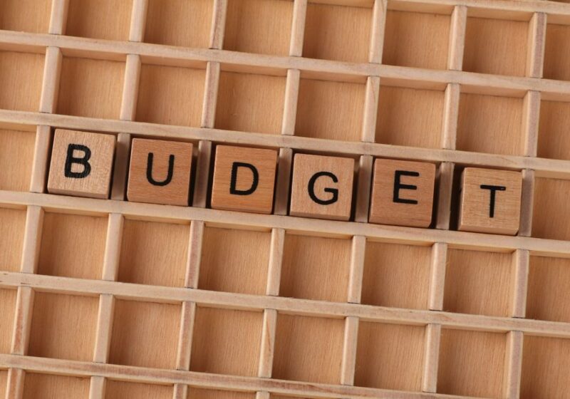 Wooden Scrabble tiles spelling 'budget' on a textured wooden grid, symbolizing financial planning.