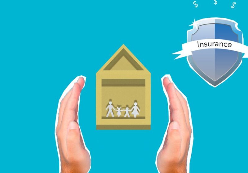 Decorative cardboard illustration of person hands protecting house with human figures near shield with Insurance inscription on blue background