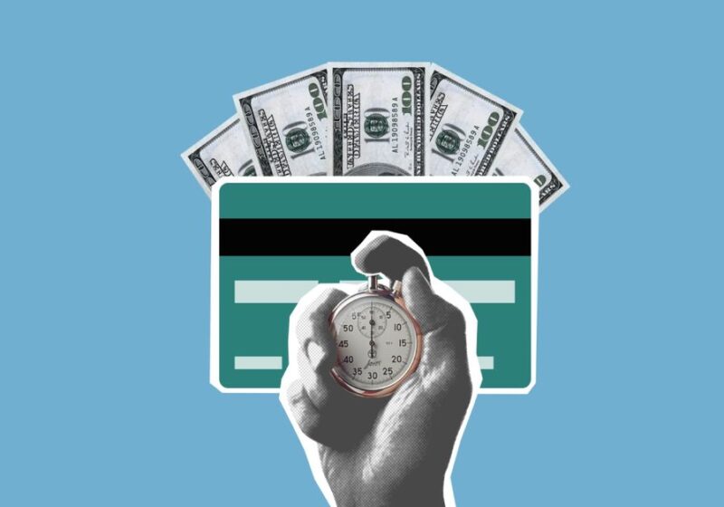 Cut out paper composition of stopwatch in hand of man waiting for money credited to credit card on blue background