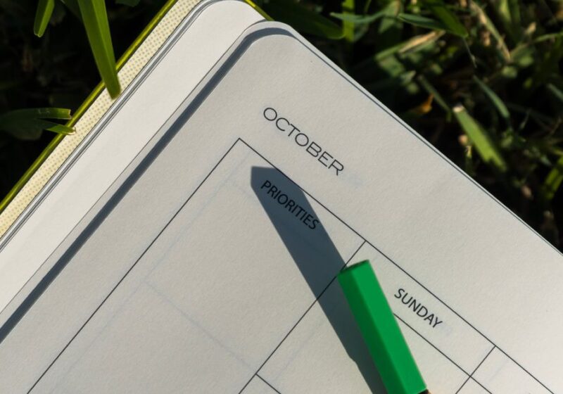A planner and pen on grass with October page open, illuminated by sunlight.